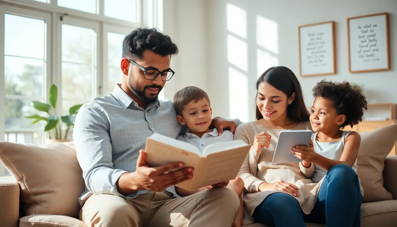 A family reading the Bible together in a cozy living room.