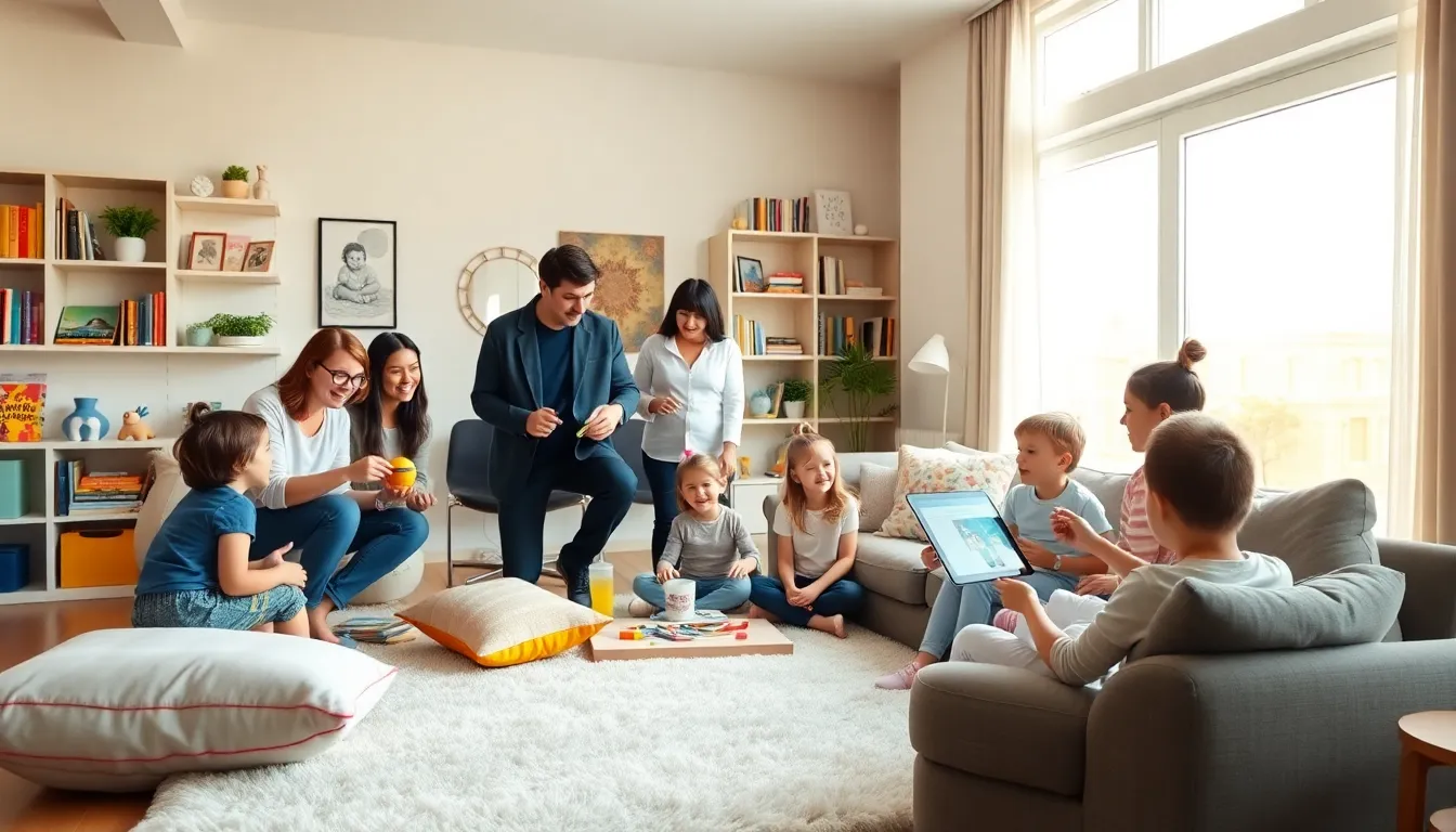 parents engaging in playful activities with children in a bright living room.
